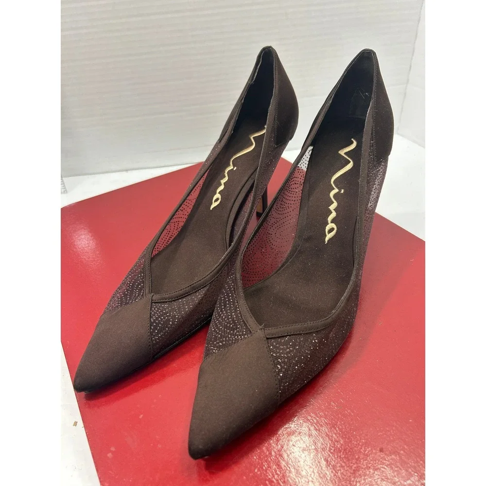 Nina Glitter Mesh Pumps 10M Brown Satin Pointed Toe Stiletto Glam Evening Chic